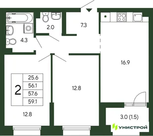 Планировка 2-комн. квартира, 57.6 м² ЖК «Парковый квартал 2.0»
