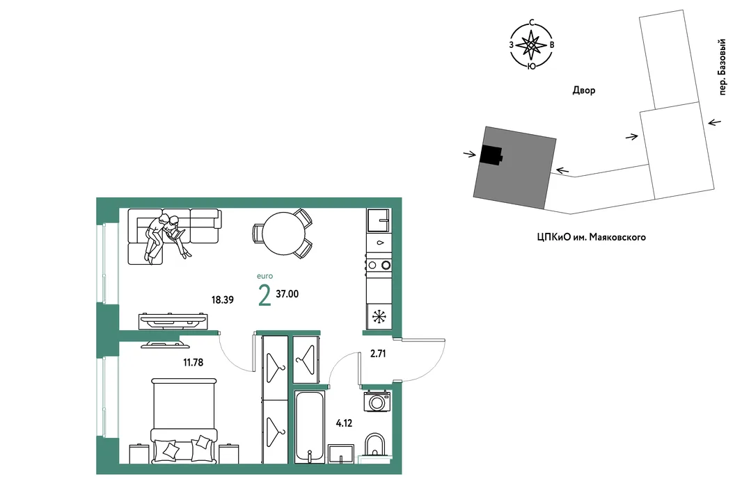 Планировка 2-комн. квартира, 37 м² ЖК «Сибирский сад»