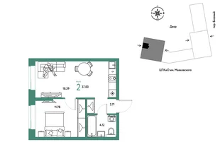 Планировка 2-комн. квартира, 37 м² ЖК «Сибирский сад»