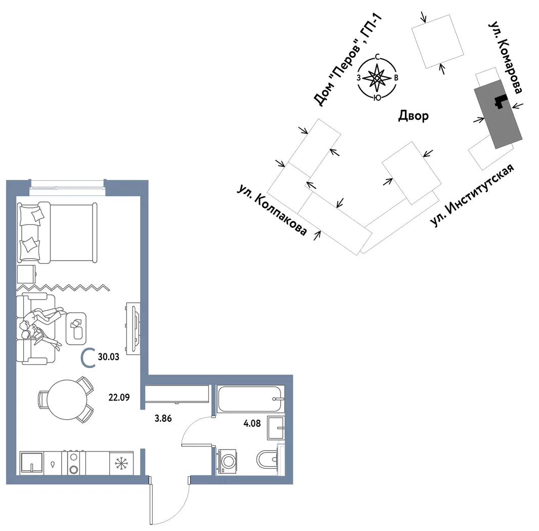 Планировка Студия, 30.03 м² ЖК «Страна.Парковая»