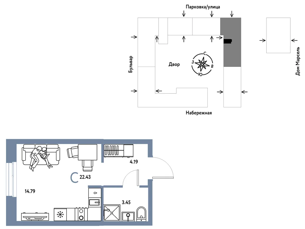 Планировка Студия, 22.43 м² ЖК «Европейский берег 2.0»