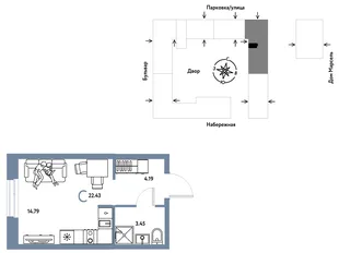 Планировка Студия, 22.43 м² ЖК «Европейский берег 2.0»