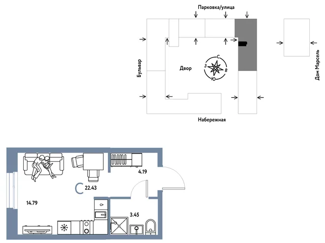 Планировка Студия, 22.43 м² ЖК «Европейский берег 2.0» Планировка Студия, 22.43 м² ЖК «Европейский берег 2.0»