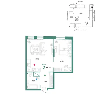 Планировка 2-комн. квартира, 46.79 м² ЖК «Юнион»