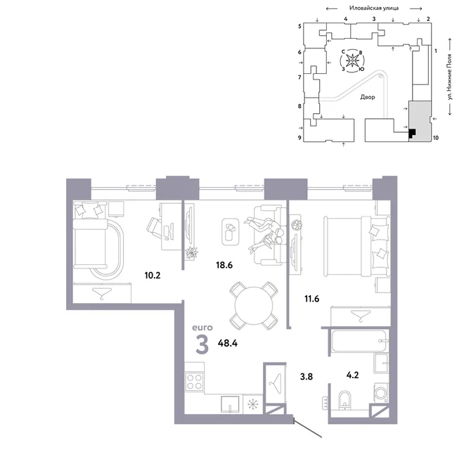 Планировка 3-комн. квартира, 48.4 м² ЖК «Страна.Заречная» Планировка 3-комн. квартира, 48.4 м² ЖК «Страна.Заречная»