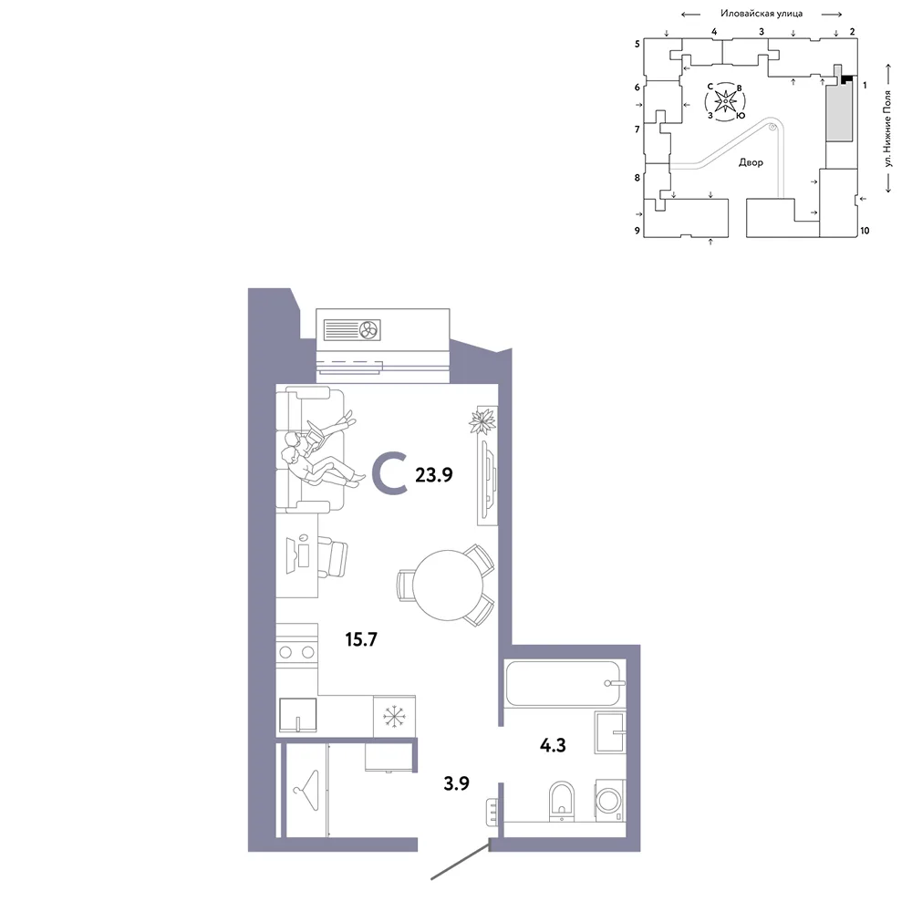 Планировка Студия, 23.9 м² ЖК «Страна.Заречная»