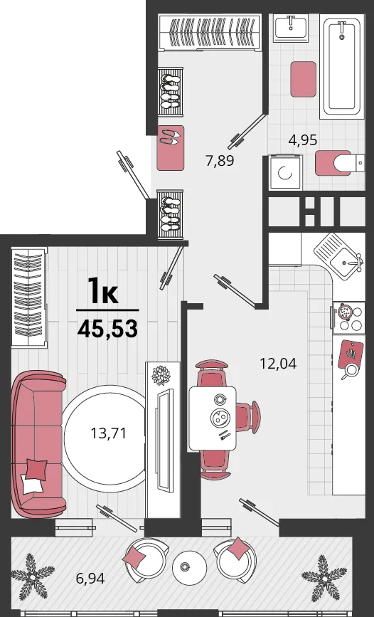Планировка 1-комн. квартира, 45.53 м² ЖК «Родные просторы»