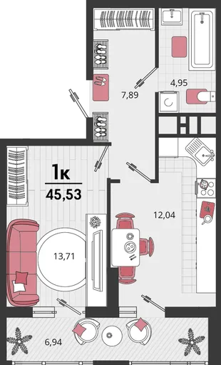 Планировка 1-комн. квартира, 45.53 м² ЖК «Родные просторы»
