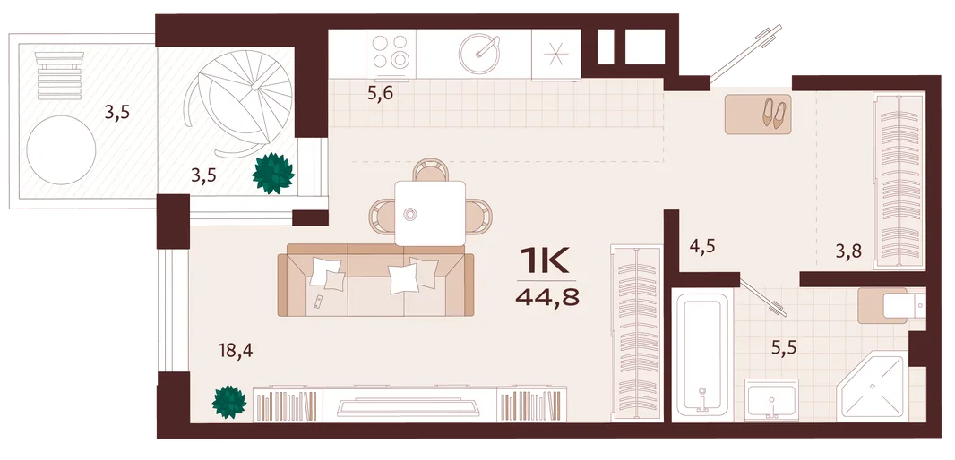 Планировка 1-комн. квартира, 44.8 м² ЖК «Роялта»
