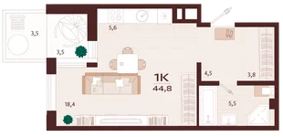 Планировка 1-комн. квартира, 44.8 м² ЖК «Роялта»