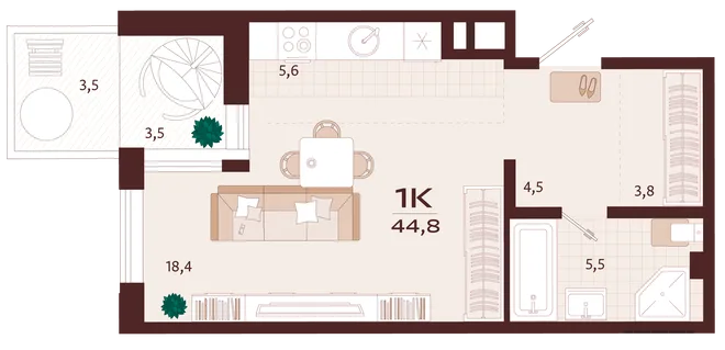 Планировка 1-комн. квартира, 44.8 м² ЖК «Роялта» Планировка 1-комн. квартира, 44.8 м² ЖК «Роялта»