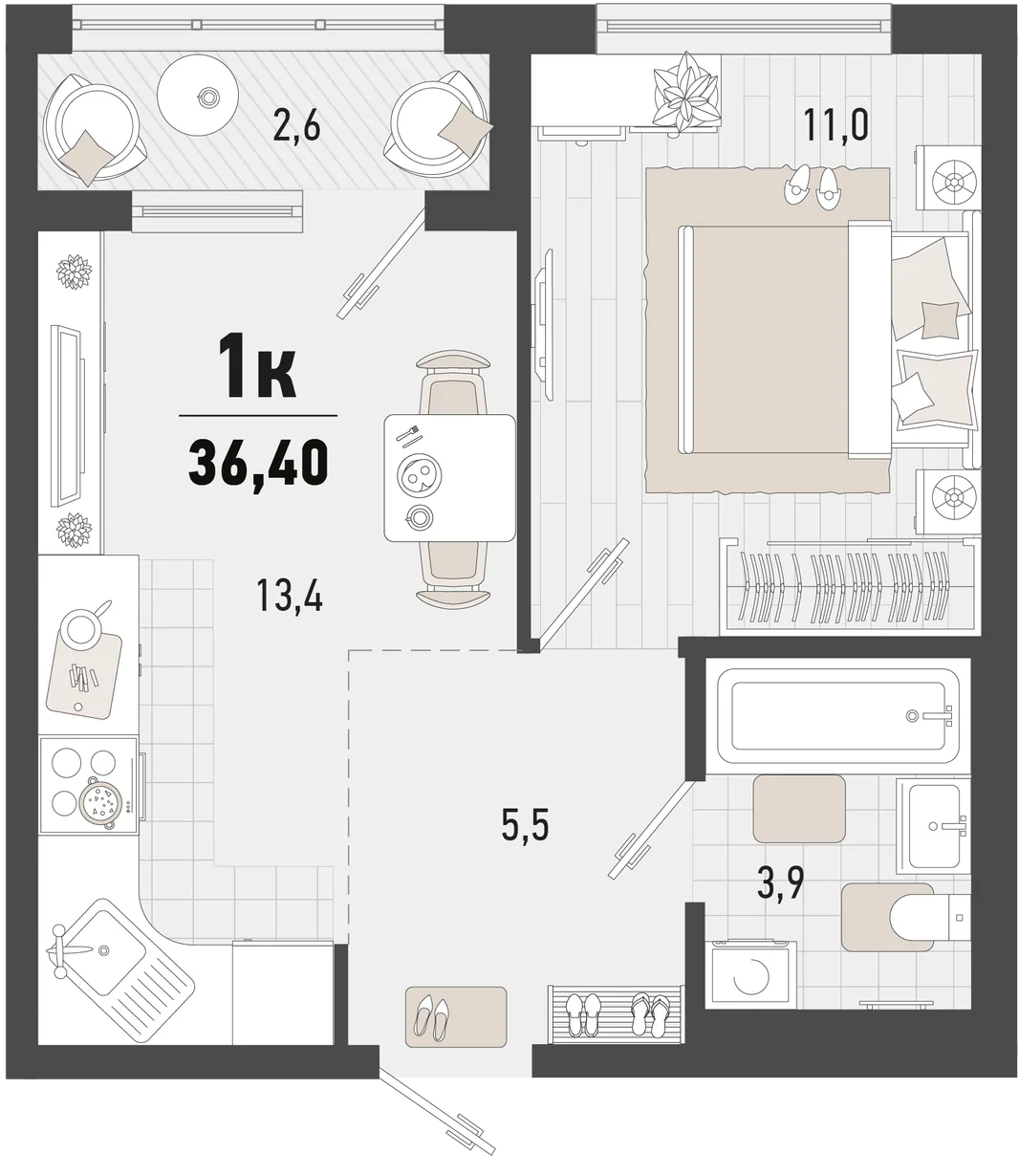 Планировка 1-комн. квартира, 36.4 м² ЖК «Барса»