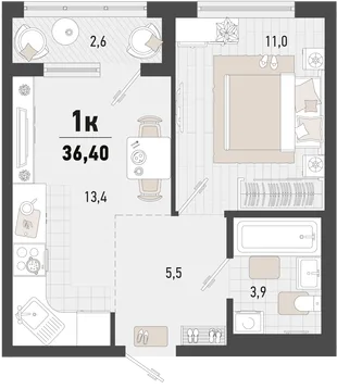 Планировка 1-комн. квартира, 36.4 м² ЖК «Барса»