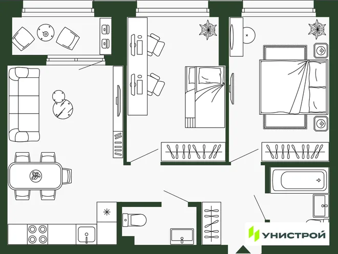 Планировка 2-комн. квартира, 59.2 м² ЖК «Парковый квартал 2.0» Планировка 2-комн. квартира, 59.2 м² ЖК «Парковый квартал 2.0»