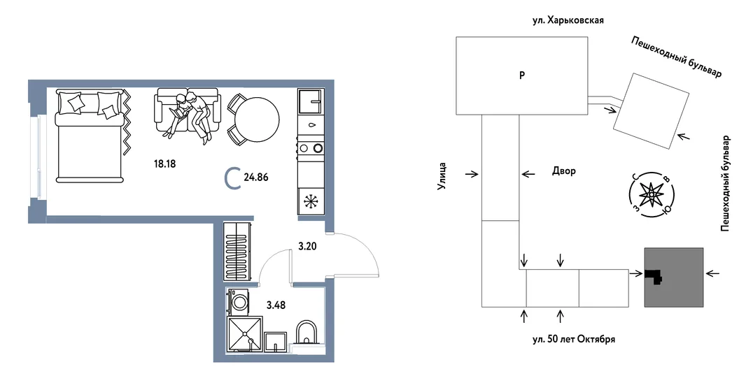Планировка Студия, 24.86 м² ЖК «Сердце Сибири»