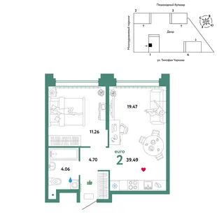 Планировка 2-комн. квартира, 39.49 м² ЖК «Микрорайон Звездный»