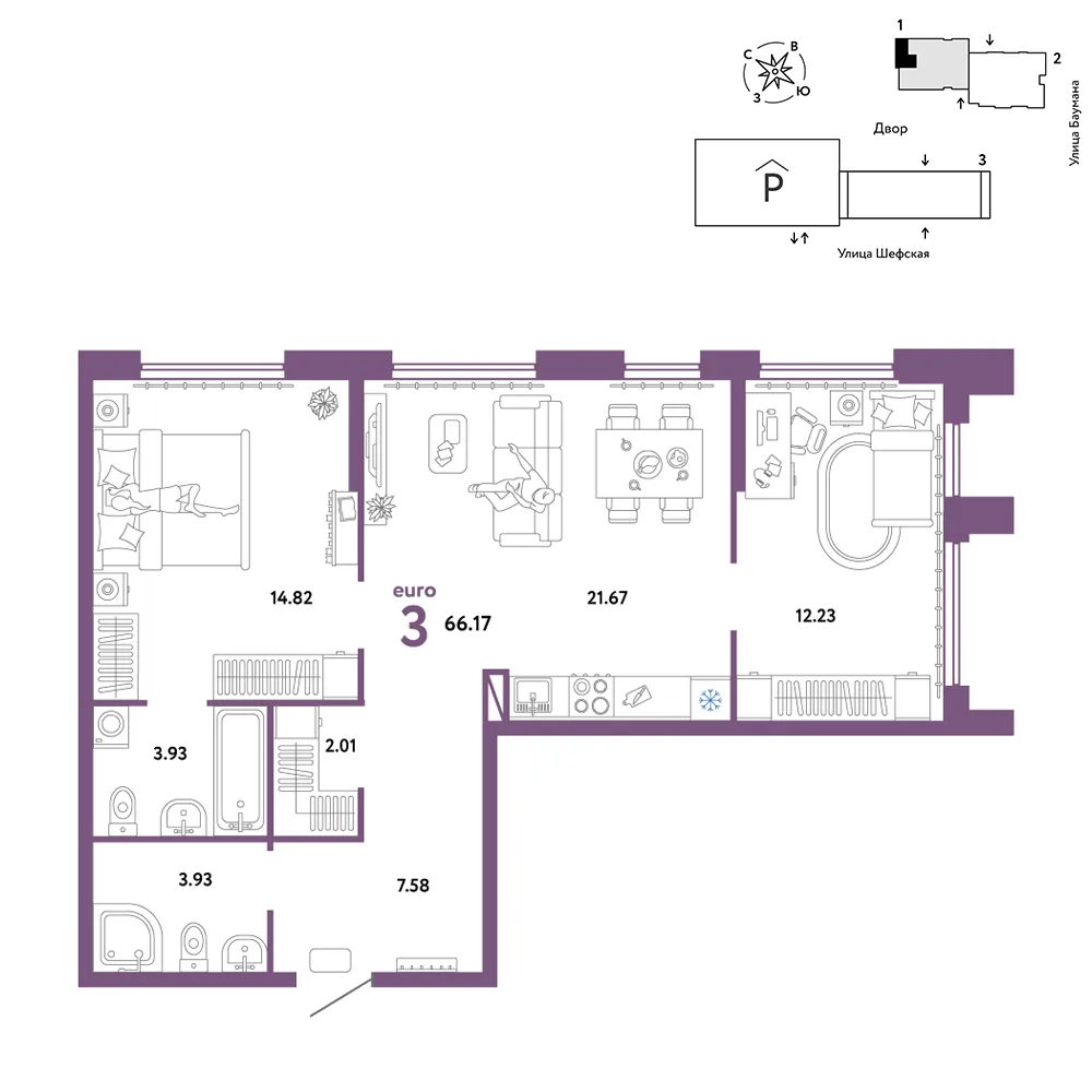 Планировка 3-комн. квартира, 66.17 м² ЖК «Страна.Энтузиастов»