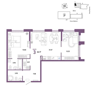 Планировка 3-комн. квартира, 66.17 м² ЖК «Страна.Энтузиастов»