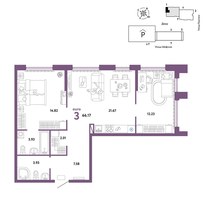Планировка 3-комн. квартира, 66.17 м² ЖК «Страна.Энтузиастов» Планировка 3-комн. квартира, 66.17 м² ЖК «Страна.Энтузиастов»