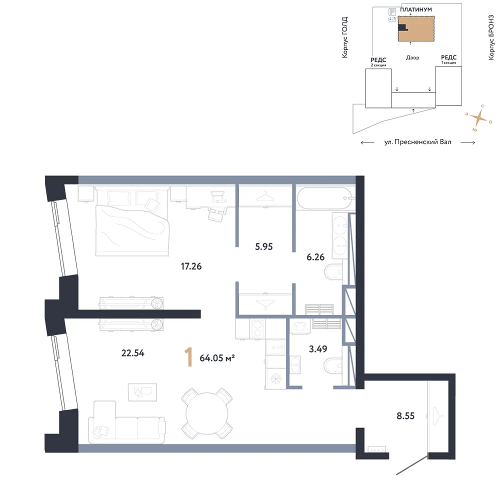 Планировка 1-комн. квартира, 64.05 м² ЖК «Репаблик»