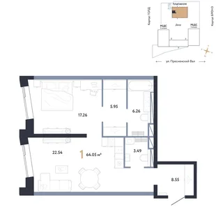 Планировка 1-комн. квартира, 64.05 м² ЖК «Репаблик»