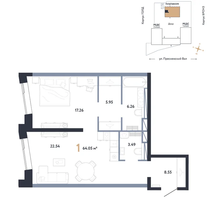 Планировка 1-комн. квартира, 64.05 м² ЖК «Репаблик» Планировка 1-комн. квартира, 64.05 м² ЖК «Репаблик»