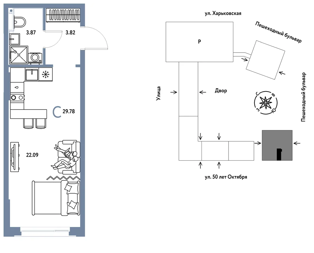 Планировка Студия, 29.78 м² ЖК «Сердце Сибири»