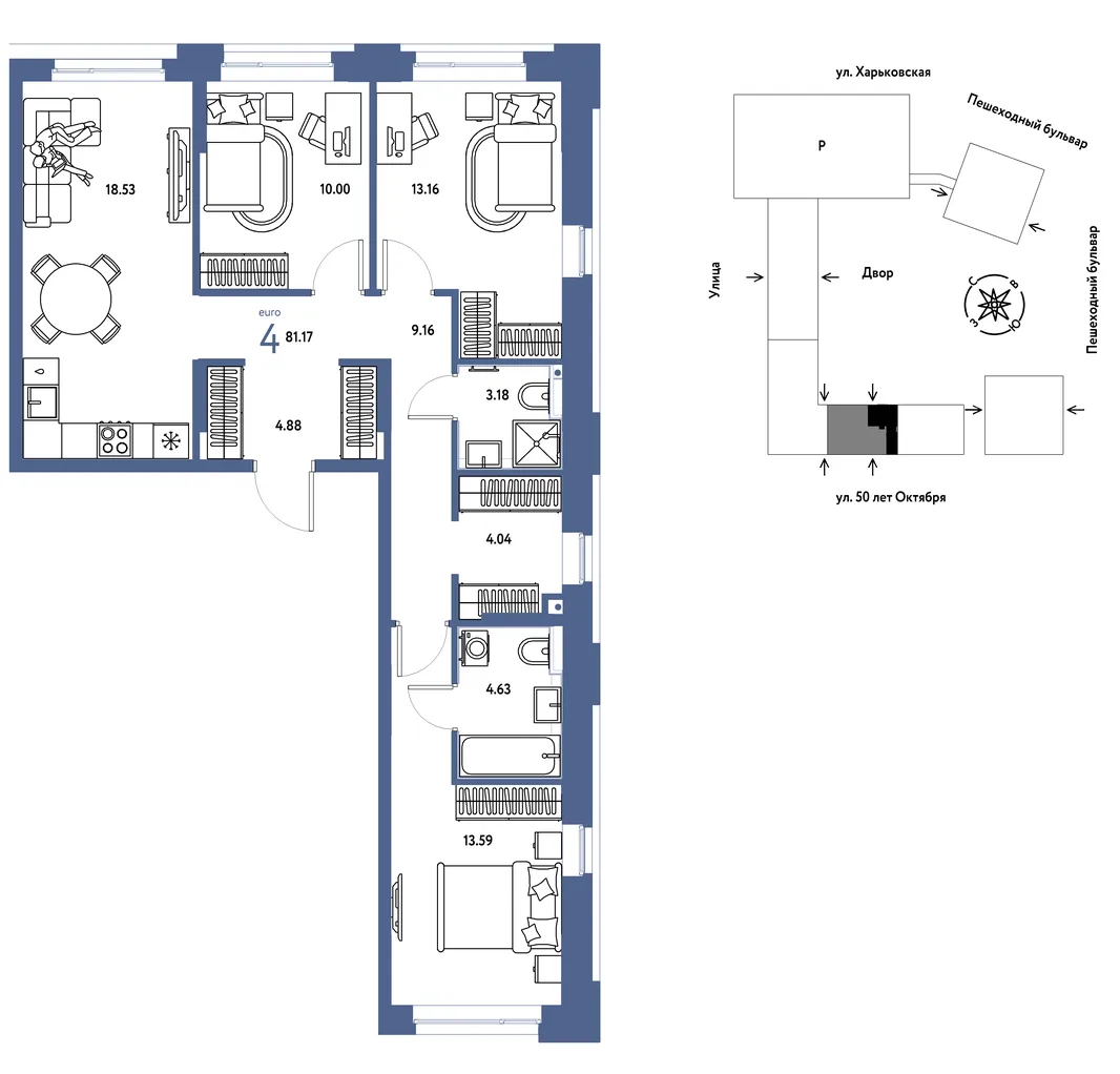 Планировка 4-комн. квартира, 81.17 м² ЖК «Сердце Сибири»