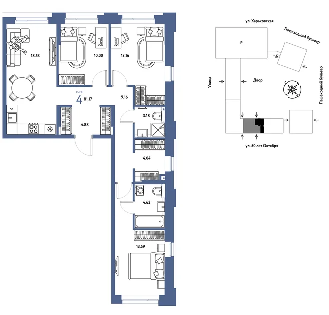 Планировка 4-комн. квартира, 81.17 м² ЖК «Сердце Сибири» Планировка 4-комн. квартира, 81.17 м² ЖК «Сердце Сибири»