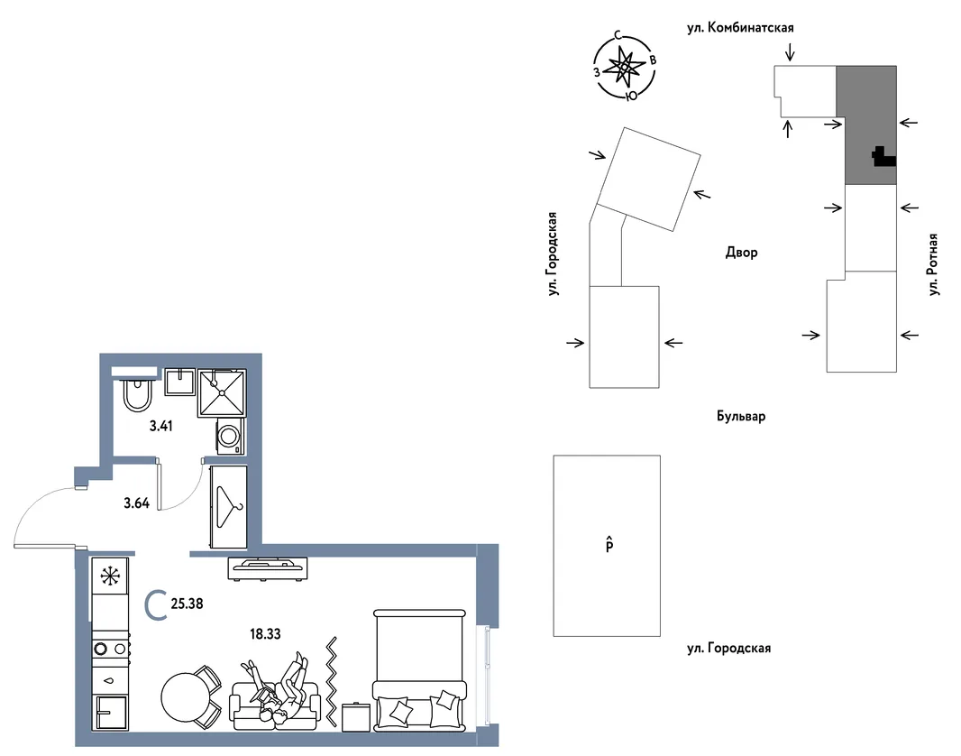 Планировка Студия, 25.38 м² ЖК «Уральский сад»