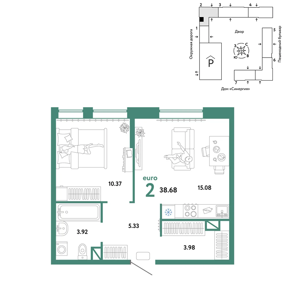 Планировка 2-комн. квартира, 38.68 м² ЖК «Юнион»