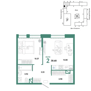 Планировка 2-комн. квартира, 38.68 м² ЖК «Юнион»