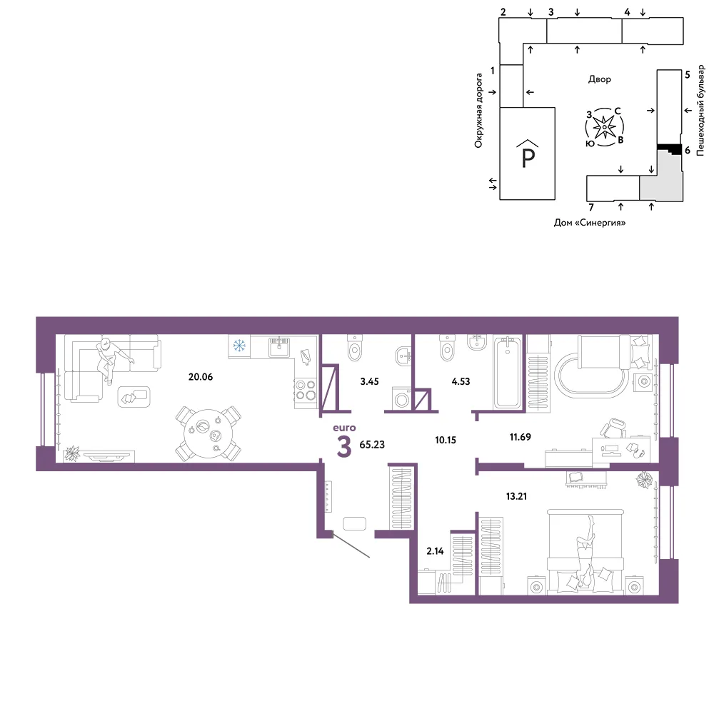 Планировка 3-комн. квартира, 65.23 м² ЖК «Юнион»