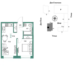 Планировка 2-комн. квартира, 37.06 м² ЖК «Европейский берег 2.0»