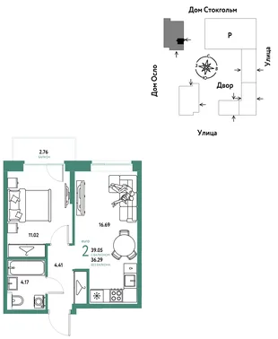 Планировка 2-комн. квартира, 39.05 м² ЖК «Европейский берег 2.0»