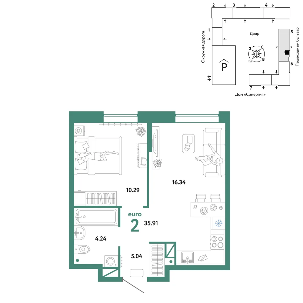 Планировка 2-комн. квартира, 35.91 м² ЖК «Юнион»