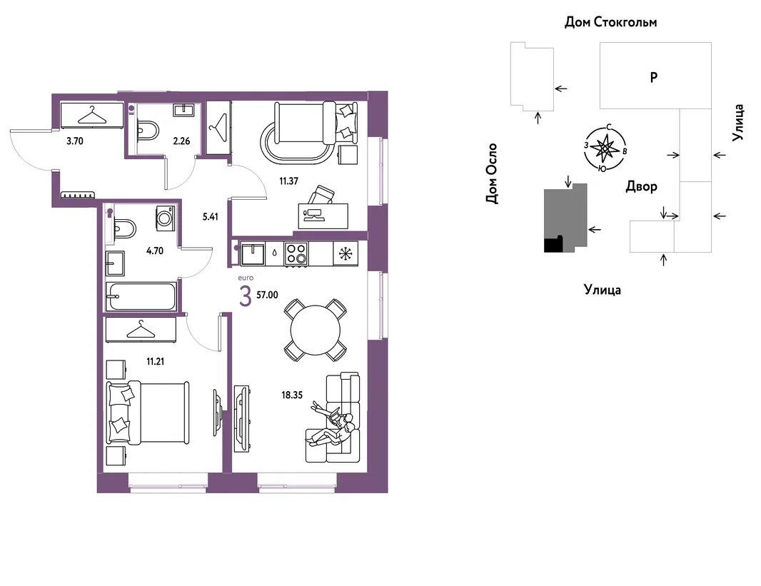 Планировка 3-комн. квартира, 57 м² ЖК «Европейский берег 2.0»