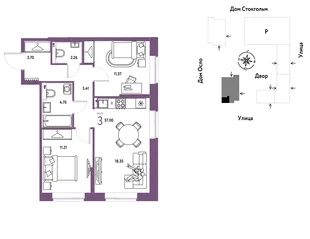 Планировка 3-комн. квартира, 57 м² ЖК «Европейский берег 2.0»