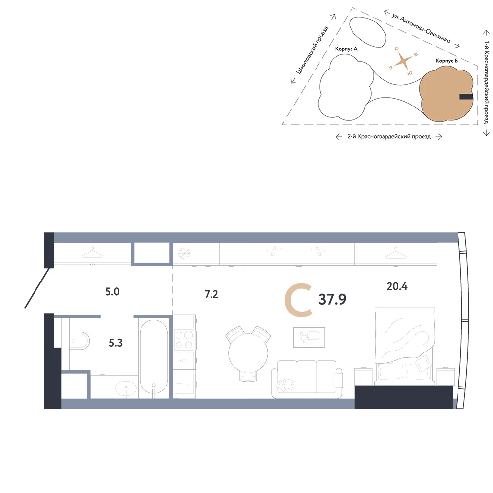 Планировка Студия, 37.9 м² ЖК «АУРУС Резиденции»