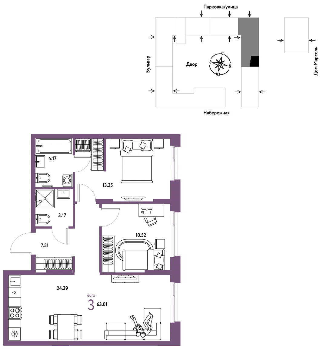 Планировка 3-комн. квартира, 63.01 м² ЖК «Европейский берег 2.0»