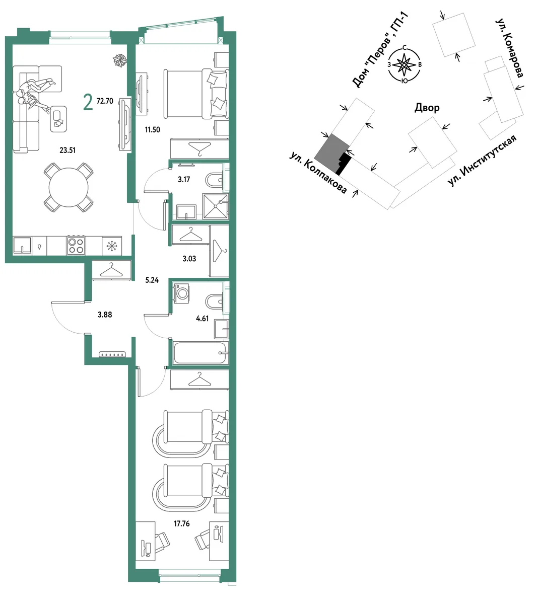 Планировка 2-комн. квартира, 72.7 м² ЖК «Страна.Парковая»