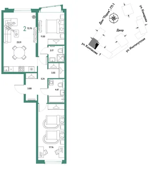Планировка 2-комн. квартира, 72.7 м² ЖК «Страна.Парковая»