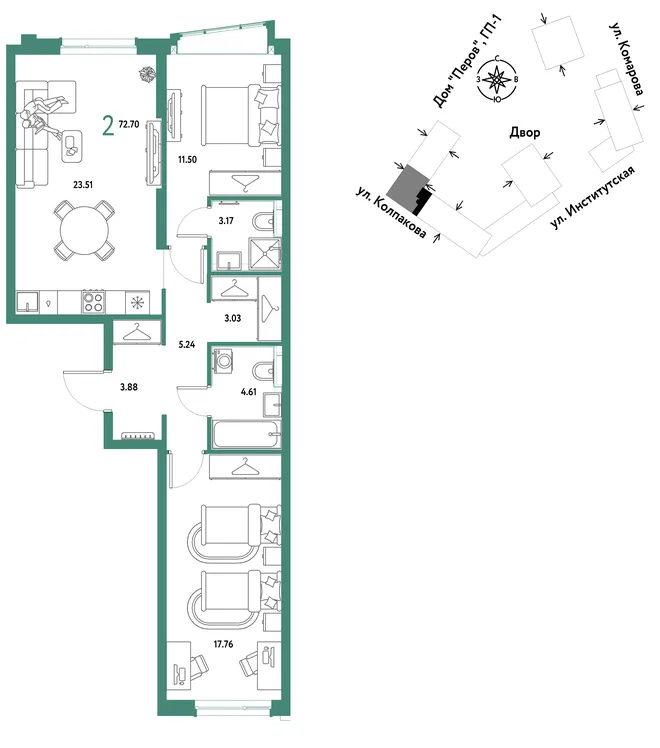 Планировка 2-комн. квартира, 72.7 м² ЖК «Страна.Парковая» Планировка 2-комн. квартира, 72.7 м² ЖК «Страна.Парковая»
