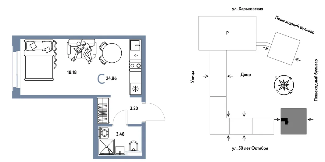 Планировка Студия, 24.86 м² ЖК «Сердце Сибири»