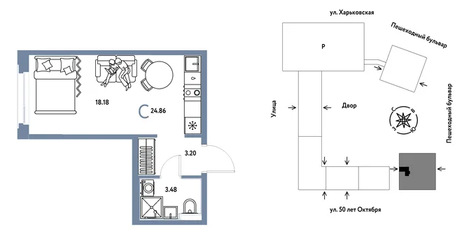 Планировка Студия, 24.86 м² ЖК «Сердце Сибири»