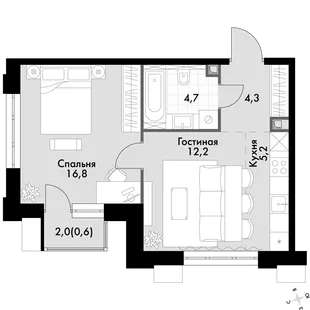 Квартира 2-комн. квартира, 43.8 м² ЖК «Флагман» Фото 1