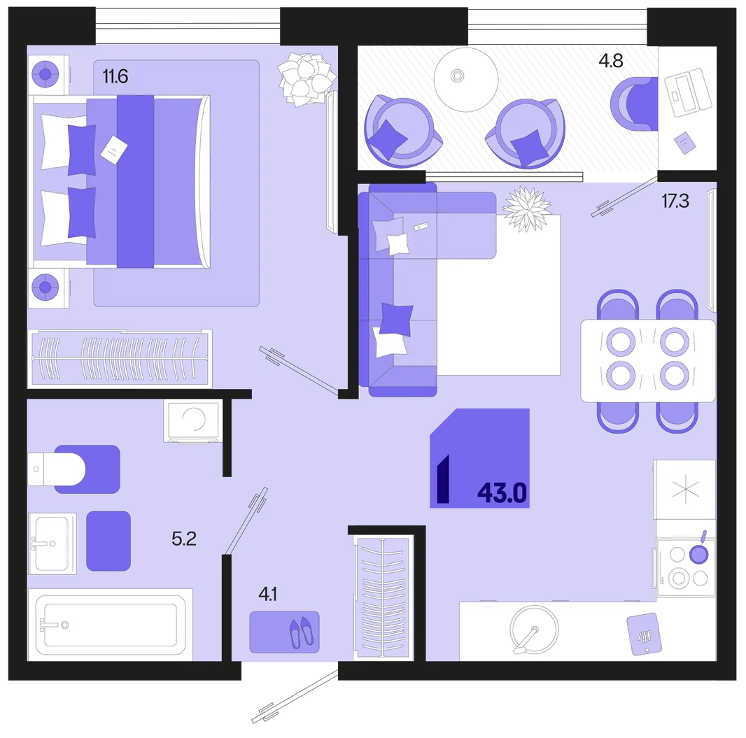 Планировка 1-комн. квартира, 43 м² ЖК «Первое место»