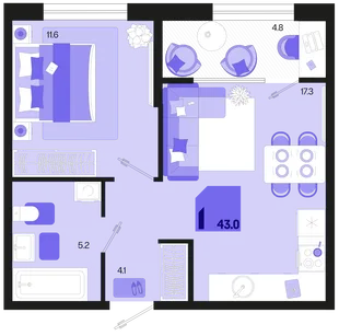 Планировка 1-комн. квартира, 43 м² ЖК «Первое место»