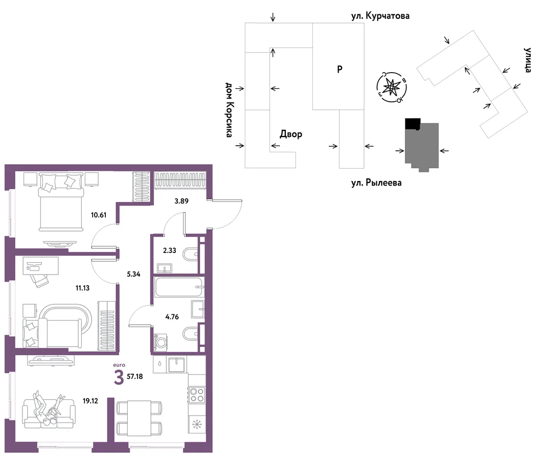 Планировка 3-комн. квартира, 57.18 м² ЖК «Остров-сад»