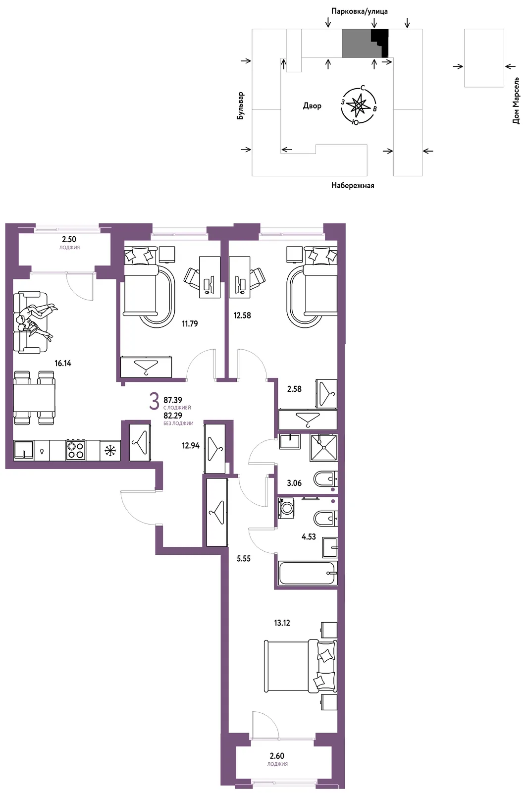 Планировка 3-комн. квартира, 87.39 м² ЖК «Европейский берег 2.0»